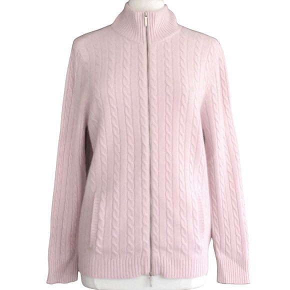 Lauren Ralph Lauren Sweaters - RALPH LAUREN 100% CASHMERE Pale Pink Gold Zip Logo Cable Knit Turtleneck Sweater